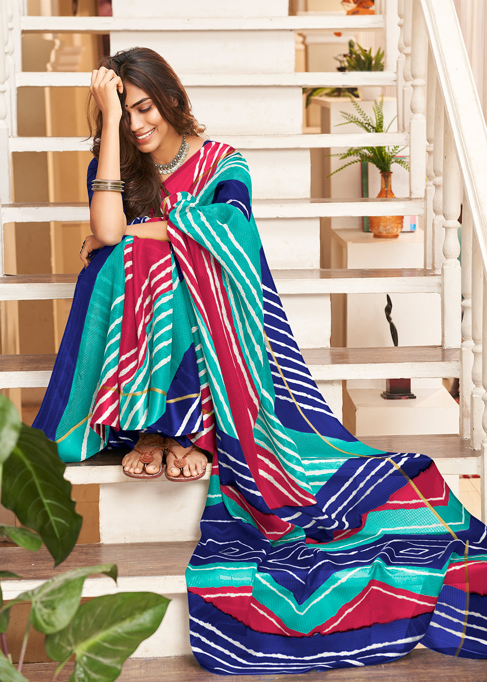 Buy MySilkLove Fiord Blue and Pink Cotton Saree With Lehriya Print Online