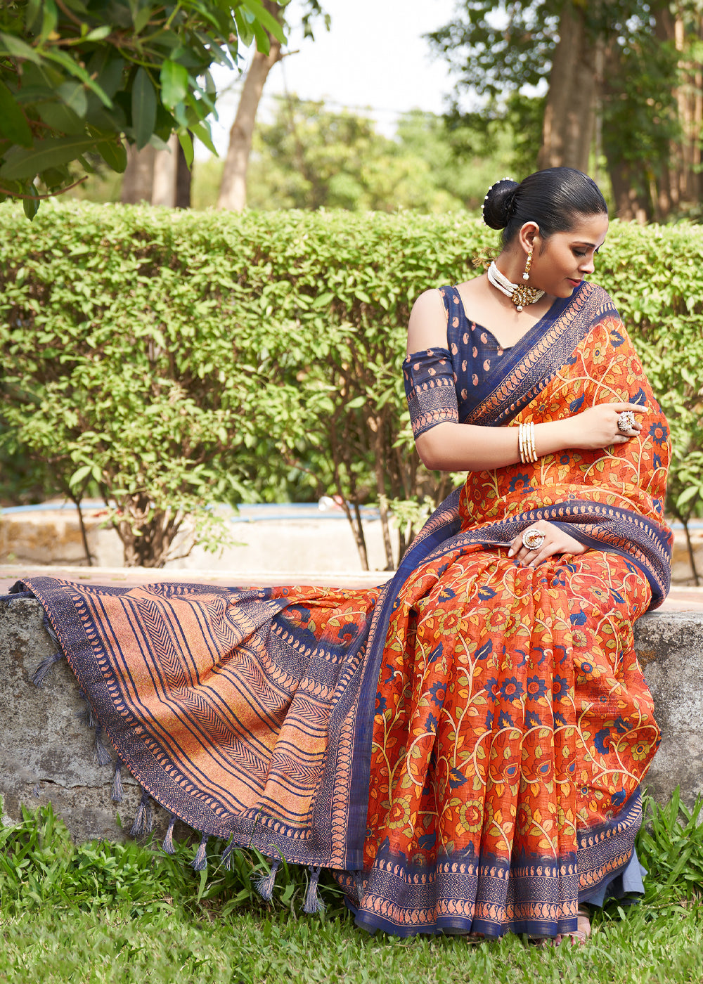 Buy MySilkLove Jasper Orange Linen Kalamkari Digital Print Saree Online