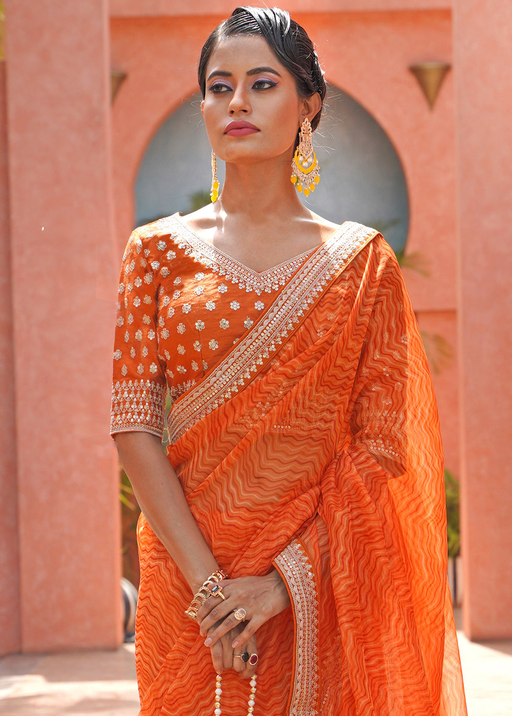 Buy MySilkLove Coral Orange Lehriya Organza Saree With Embroidered Blouse Online