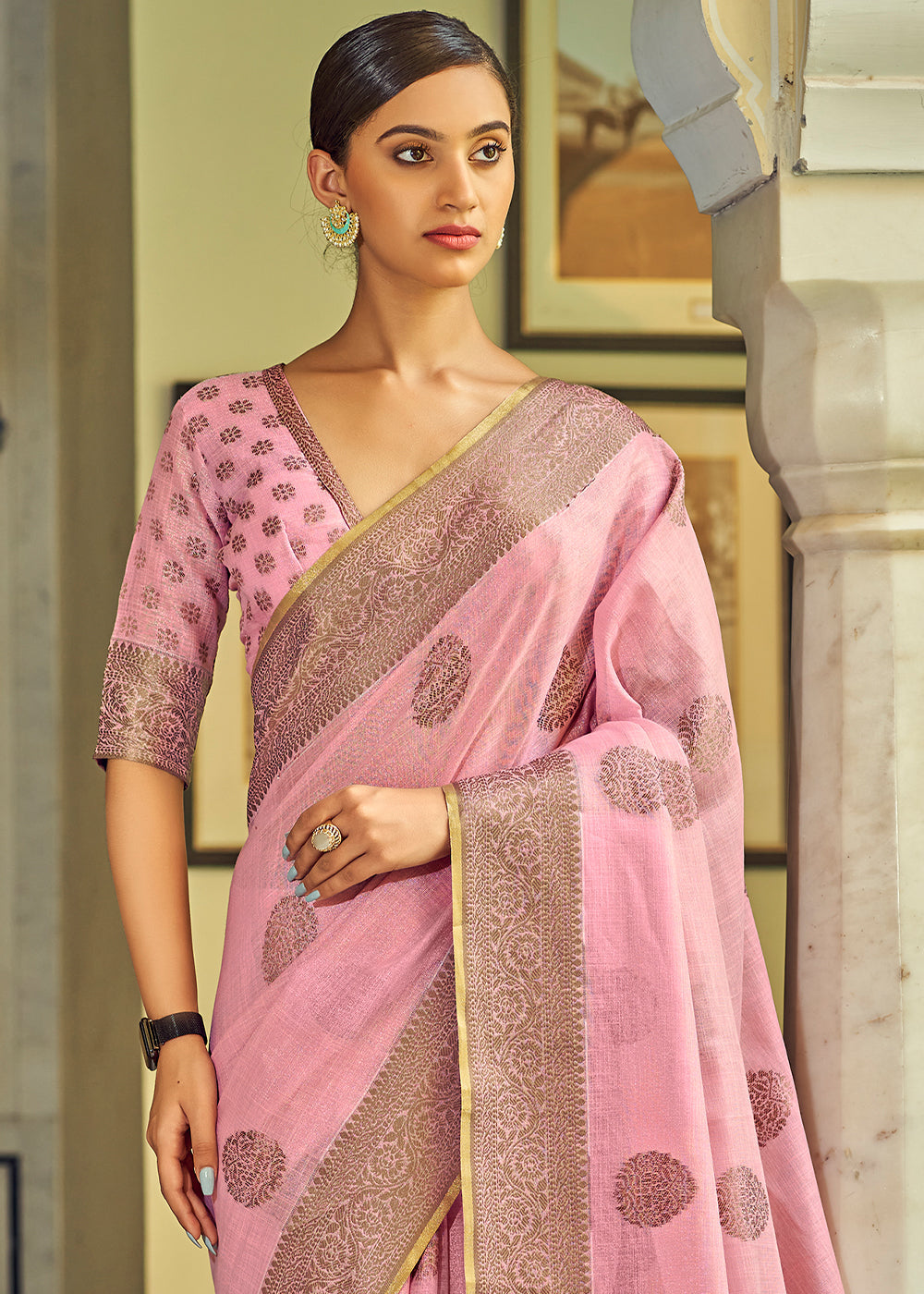 Buy MySilkLove Shimmering Blush Pink Linen Silk Saree Online