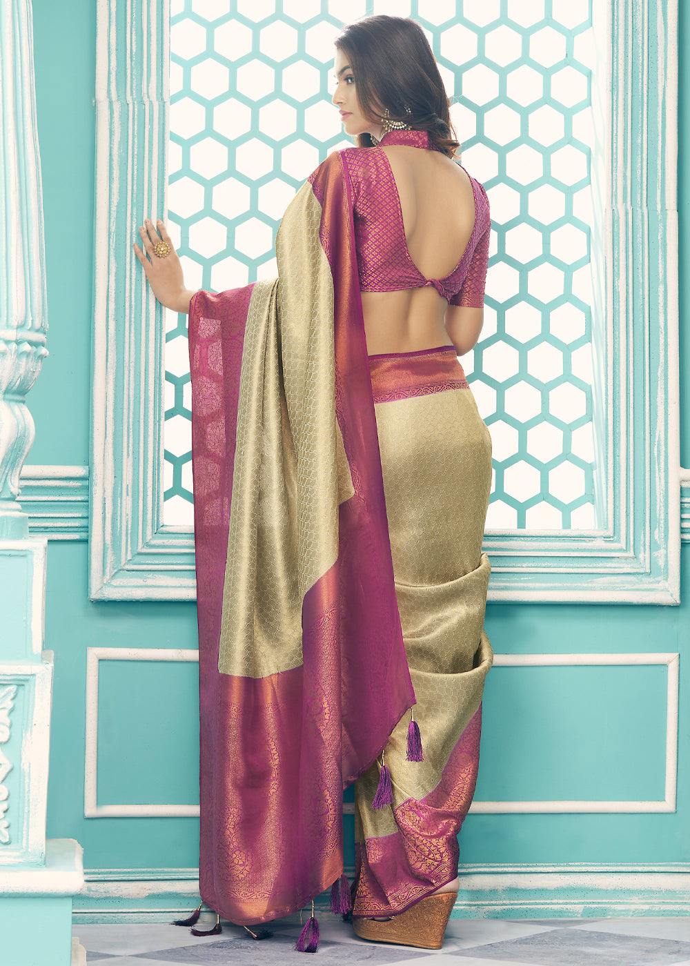 Buy MySilkLove Raffia Golden and Purple kanjivaram saree Online