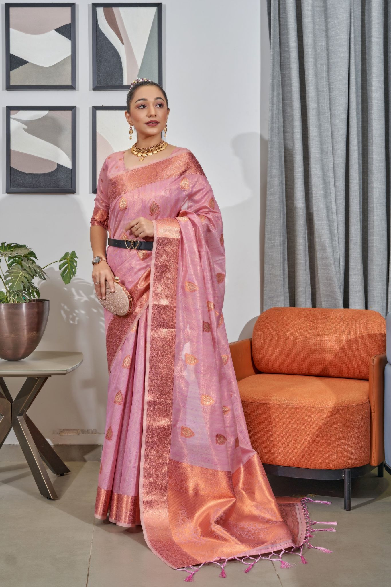 Buy MySilkLove Beauty Bush Pink Woven Organza Tissue Silk Saree Online