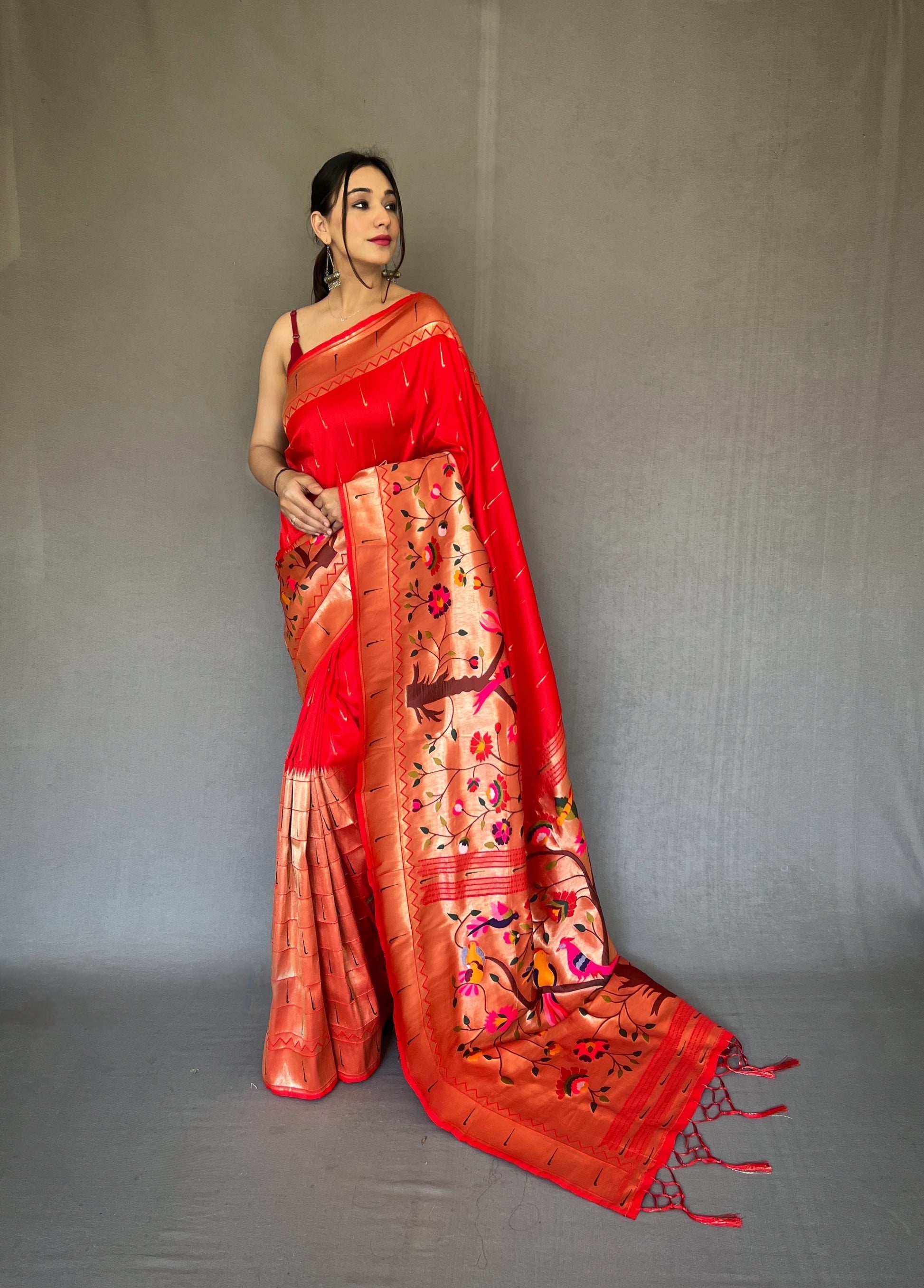 Buy MySilkLove Flamingo Red Woven Paithani Silk Saree Online