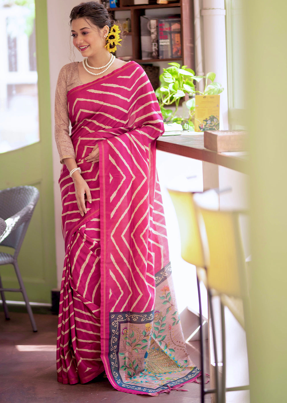 Buy MySilkLove Cerise Pink Digital Printed Soft Silk Saree Online