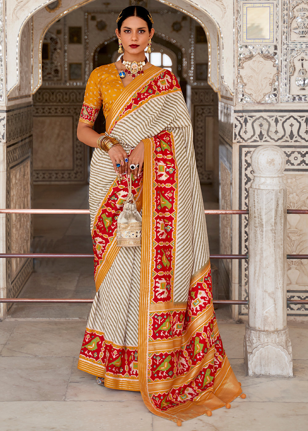 Buy MySilkLove Cameo White and Orange Cotton Patola Printed Saree Online