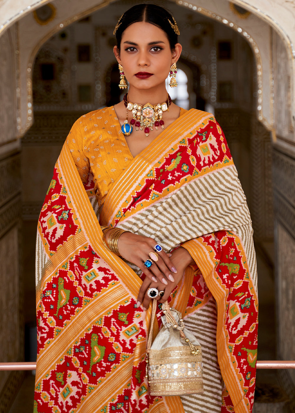 Buy MySilkLove Cameo White and Orange Cotton Patola Printed Saree Online