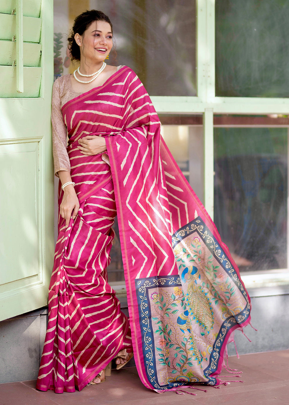 Buy MySilkLove Cerise Pink Digital Printed Soft Silk Saree Online