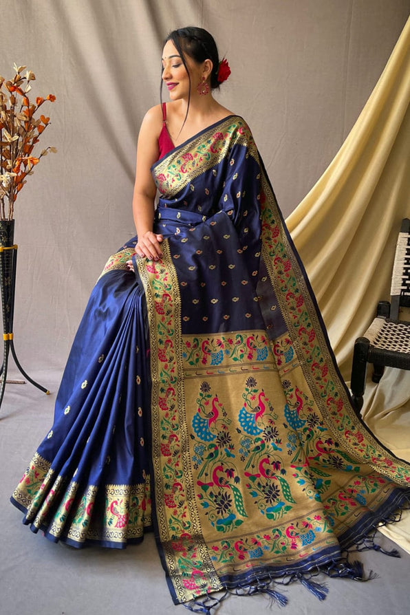 Buy MySilkLove Cloud Burst Blue Zari Woven Paithani Saree Online