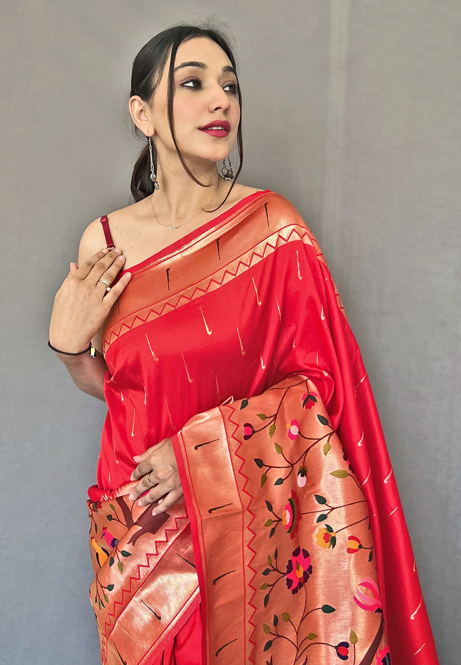 Buy MySilkLove Flamingo Red Woven Paithani Silk Saree Online