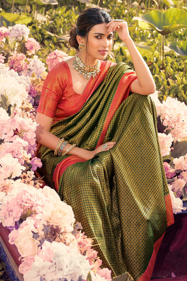 MySilkLove Sycamore Green and Red Woven Kanjivaram Saree