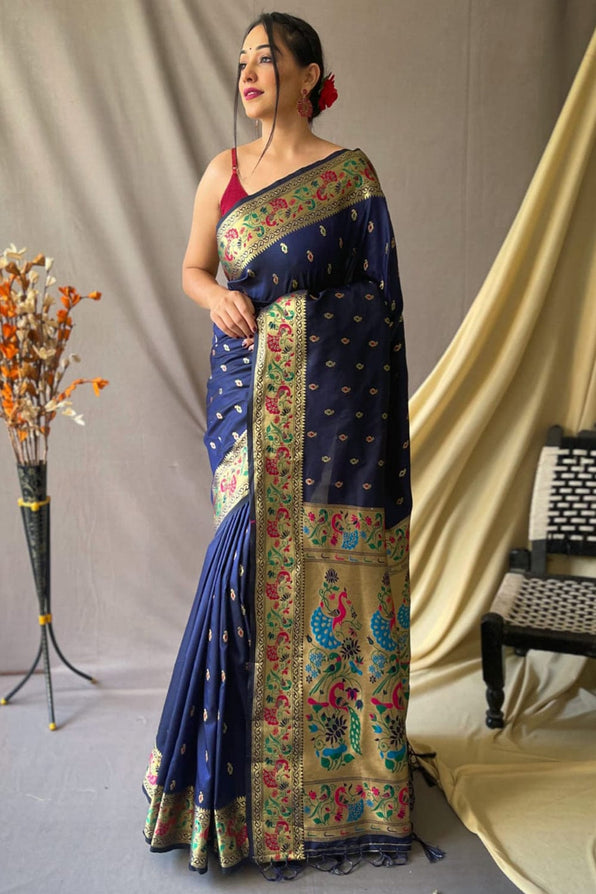 Buy MySilkLove Cloud Burst Blue Zari Woven Paithani Saree Online