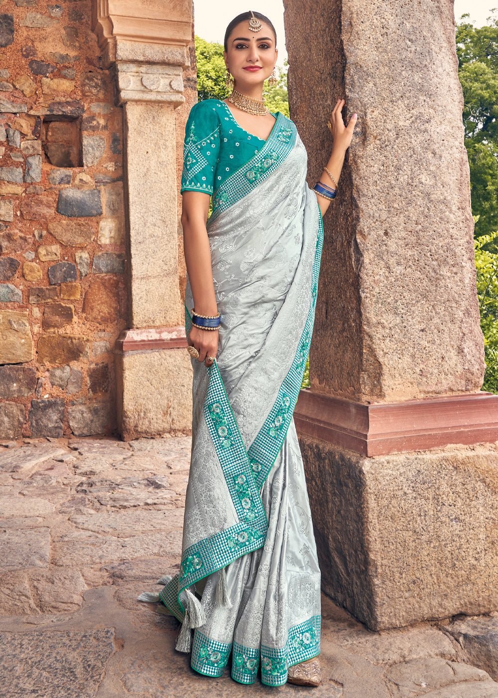Buy MySilkLove Celeste Silver and Blue Zari Woven Designer Banarasi Saree Online