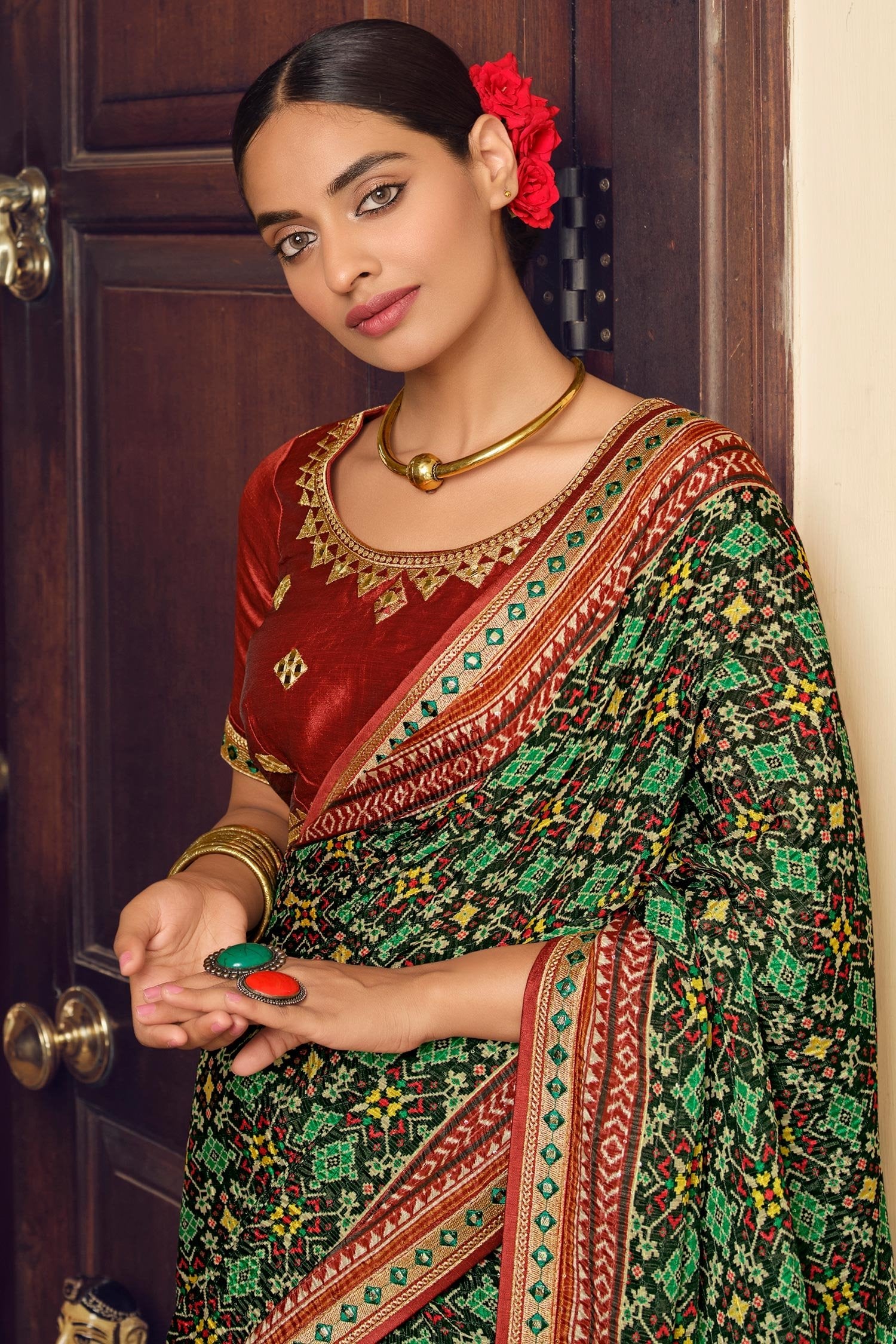 Buy MySilkLove Chalet Green Patola Printed Saree Online