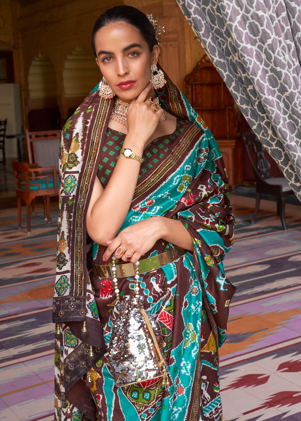 Buy MySilkLove Viridian Blue Woven Patola Silk Saree Online