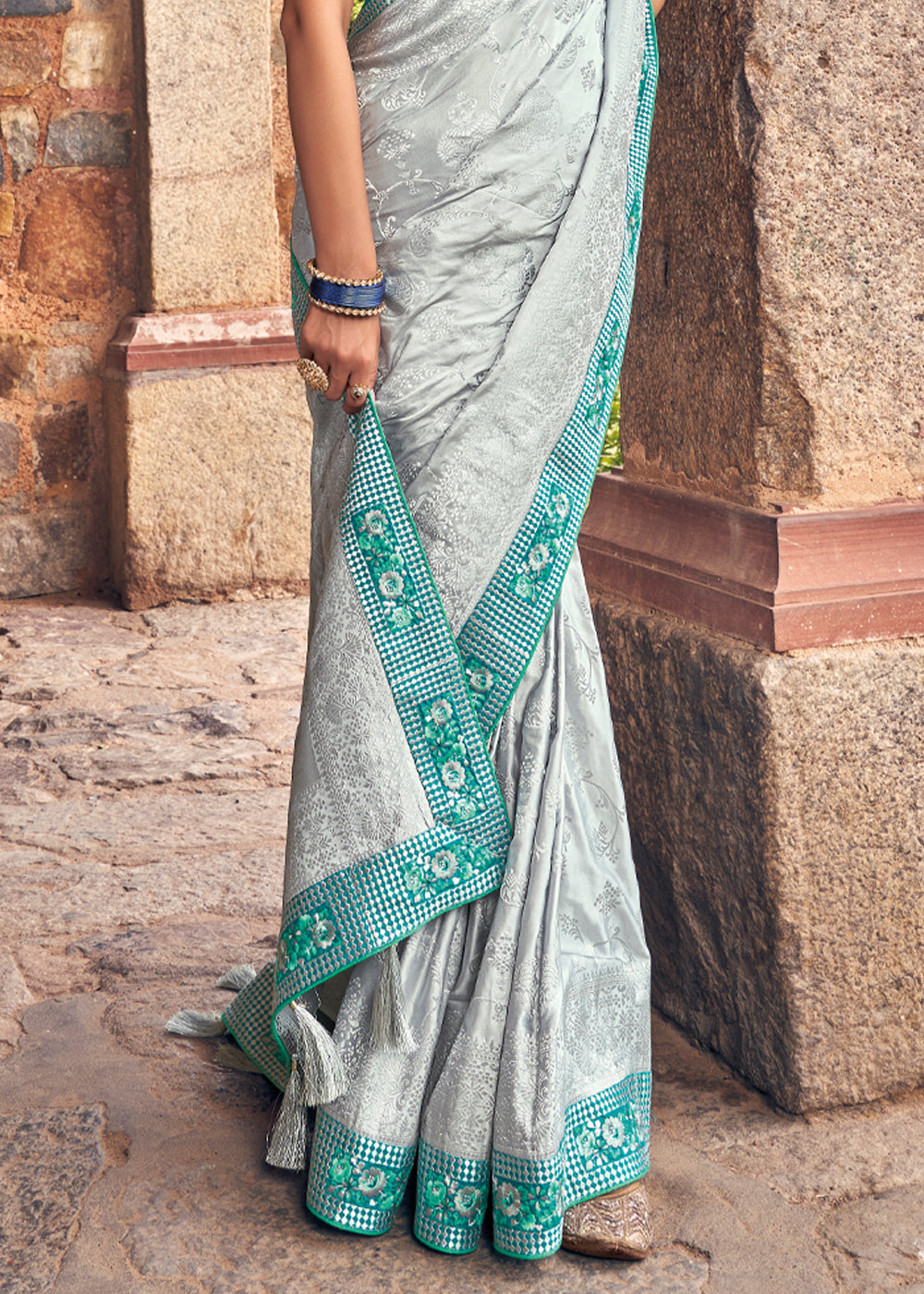 Buy MySilkLove Celeste Silver and Blue Zari Woven Designer Banarasi Saree Online