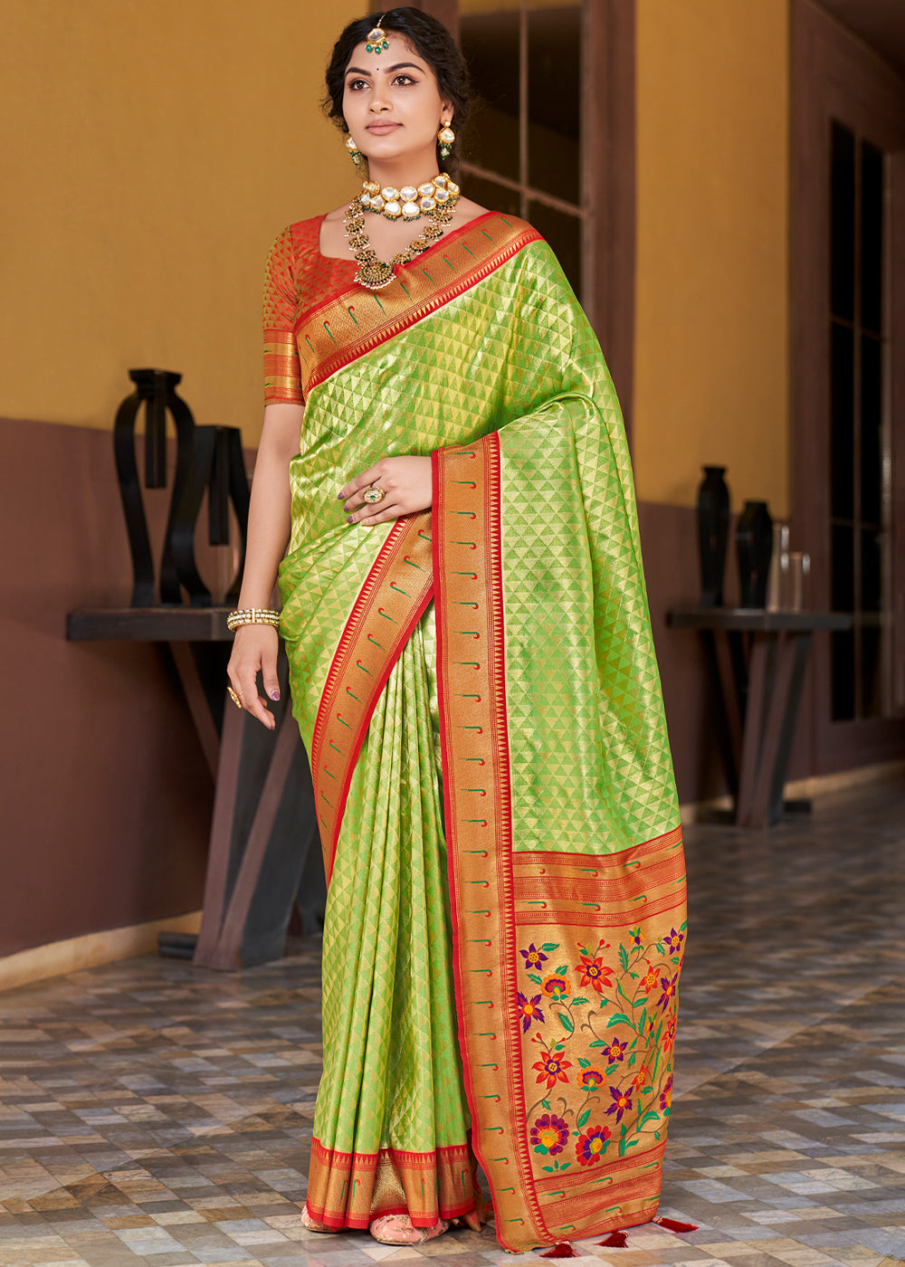 Buy MySilkLove Celery Green Woven Paithani Silk Saree Online
