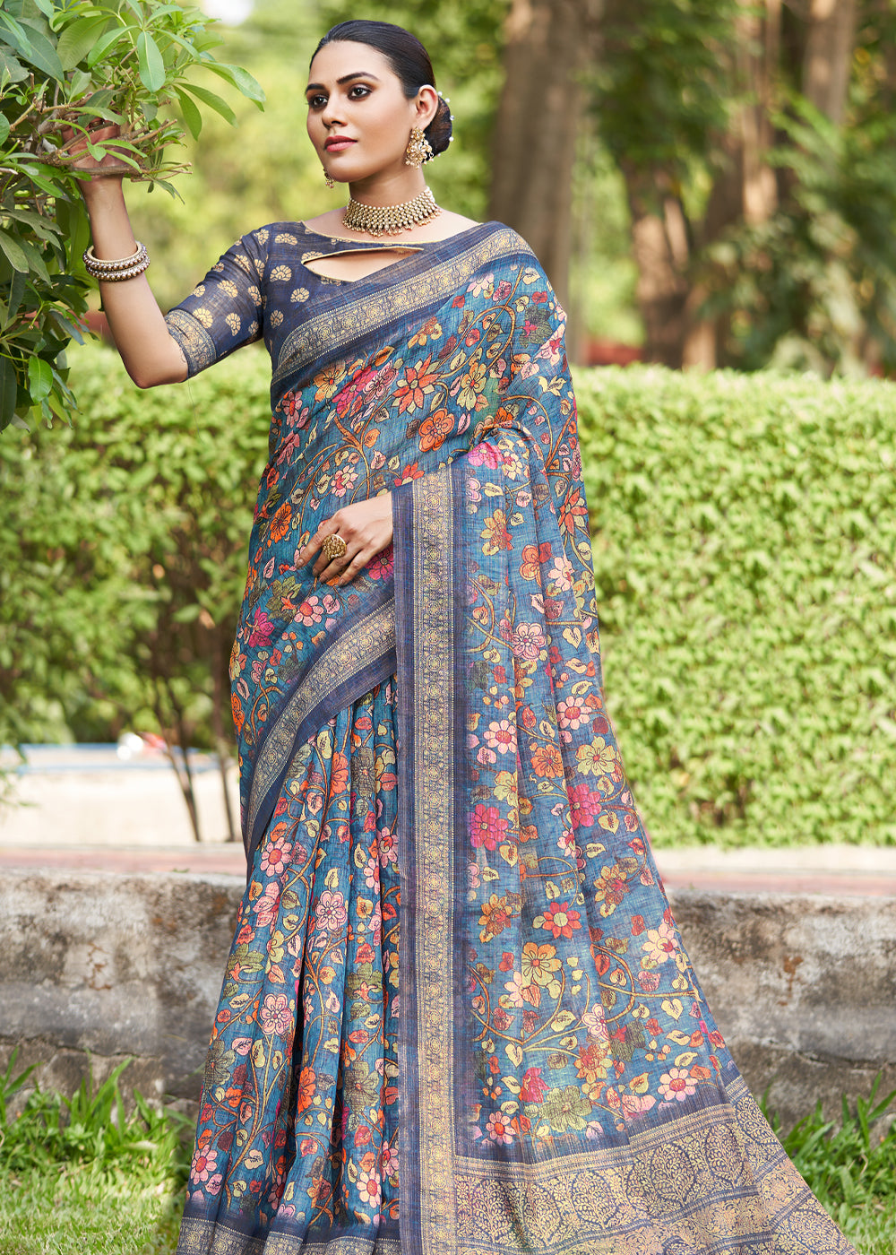 Buy MySilkLove Steel Teal Blue Linen Kalamkari Digital Print Saree Online