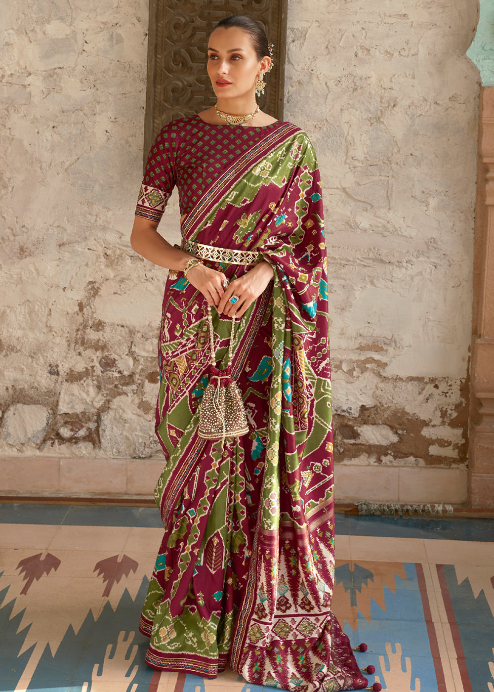 Buy MySilkLove Nutmeg Maroon and Green Woven Patola Silk Saree Online