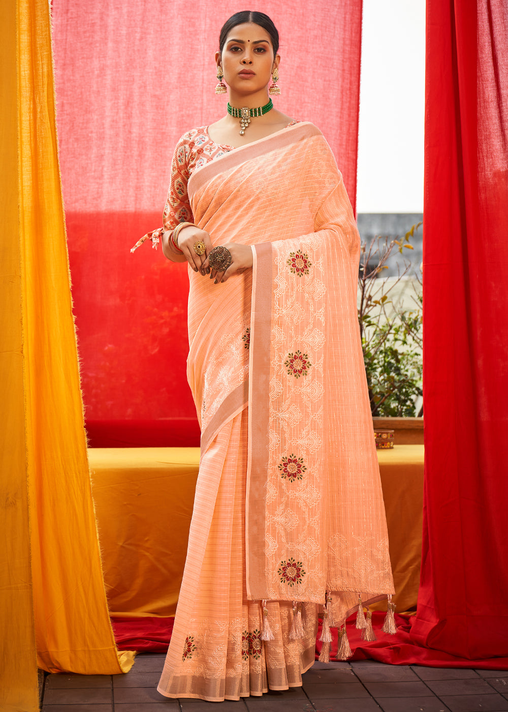 Buy MySilkLove Barley Peach Woven Linen Silk Saree Online