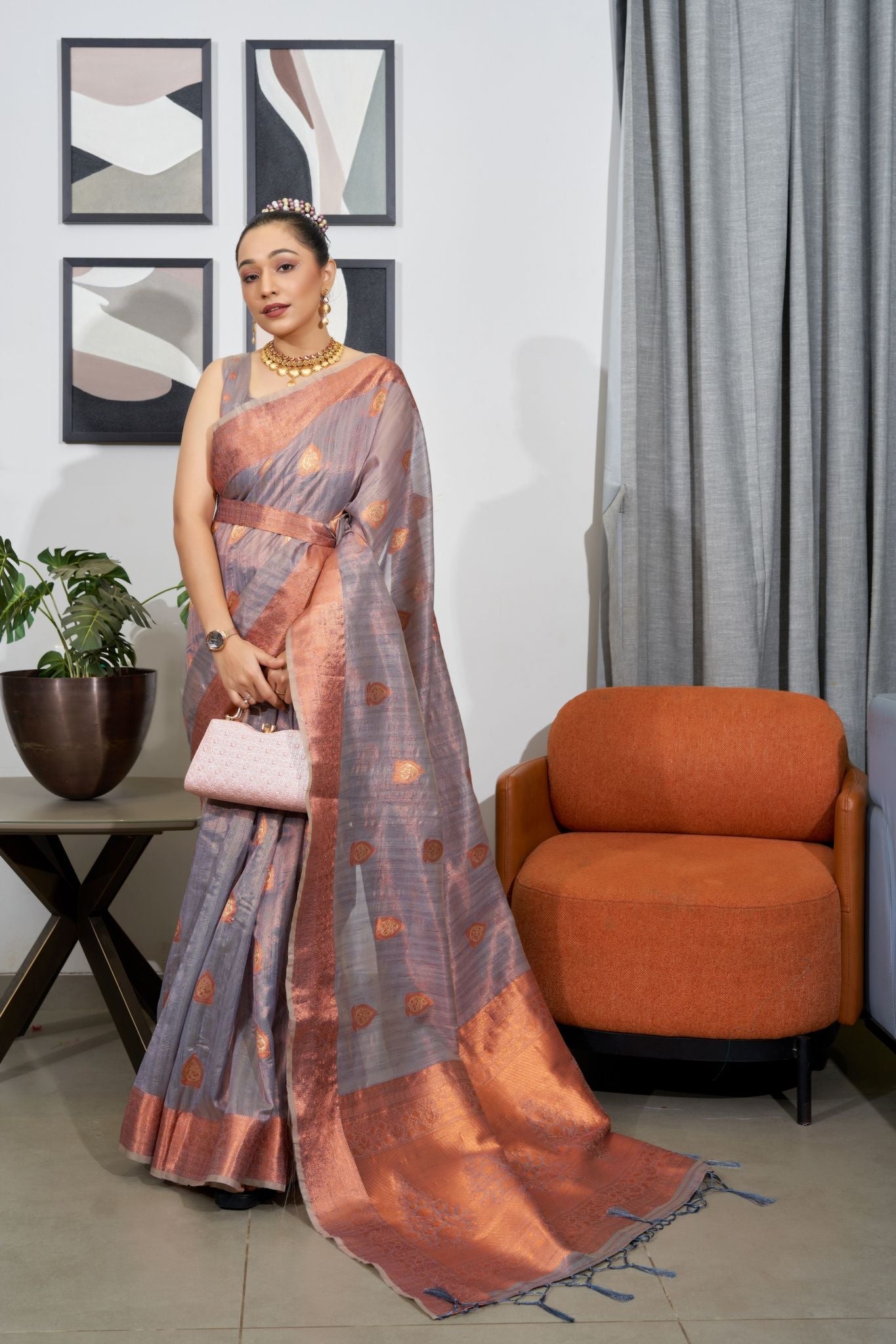 Buy MySilkLove Dusty Gray Grey Woven Organza Tissue Silk Saree Online