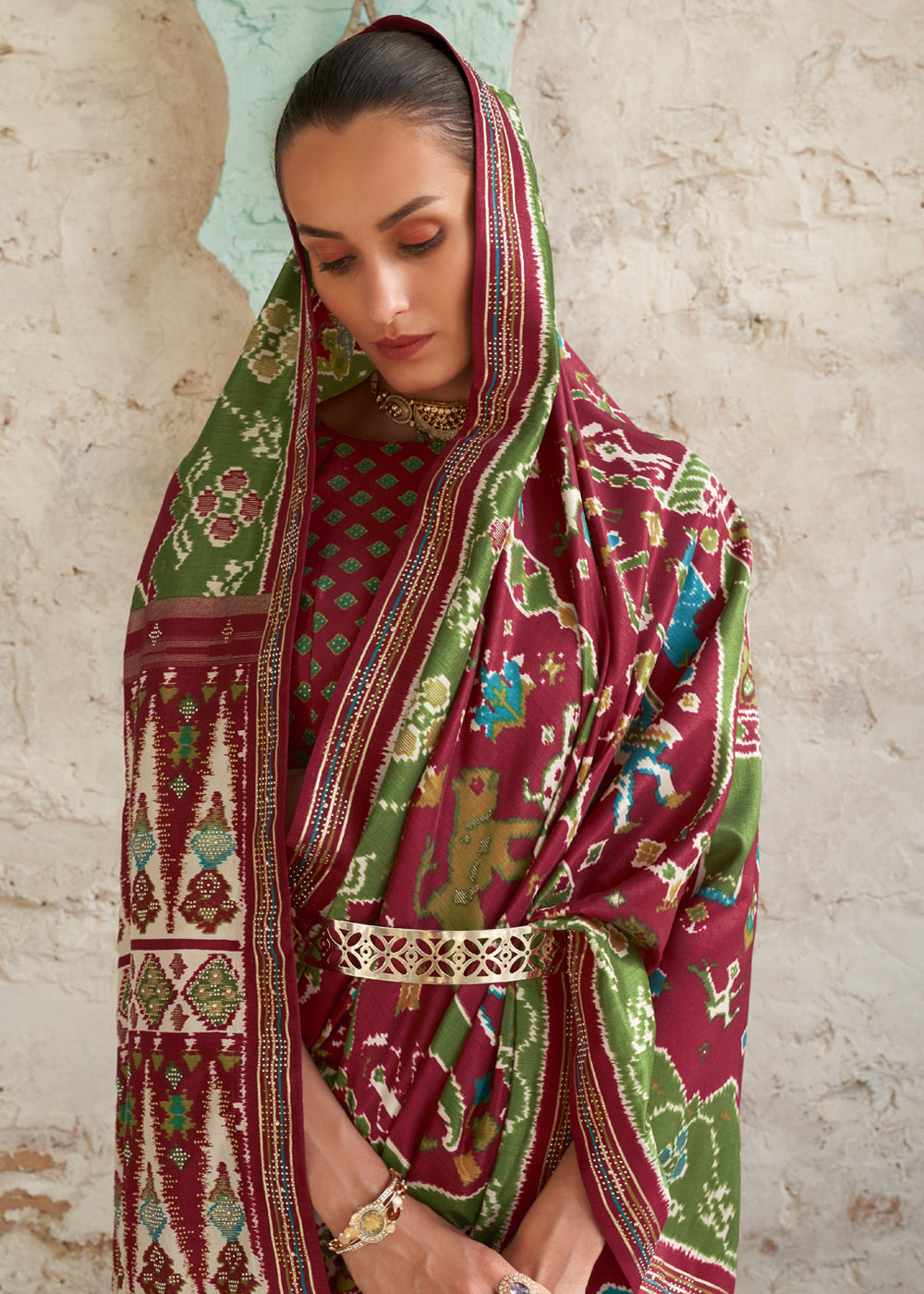 Buy MySilkLove Nutmeg Maroon and Green Woven Patola Silk Saree Online