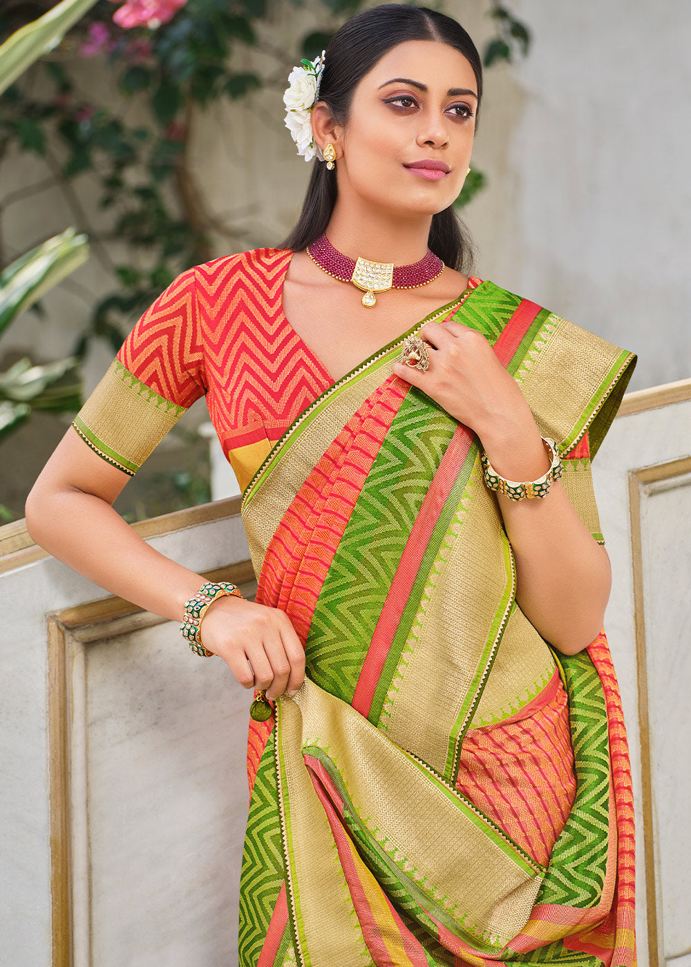 Buy MySilkLove Bittersweet Red and Green Brasso Patola Printed Saree Online