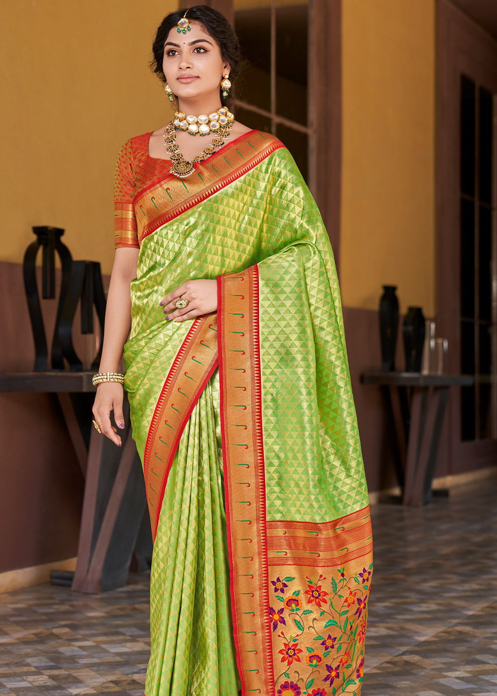 Buy MySilkLove Celery Green Woven Paithani Silk Saree Online