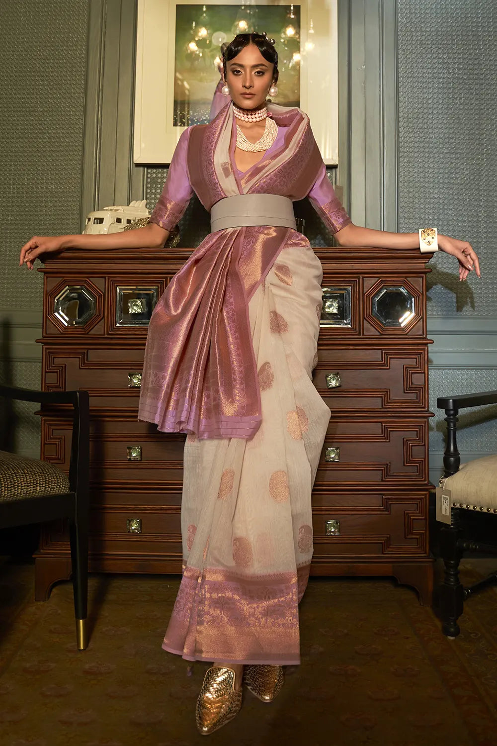 Buy MySilkLove Baja White Copper Zari Woven Linen Saree Online