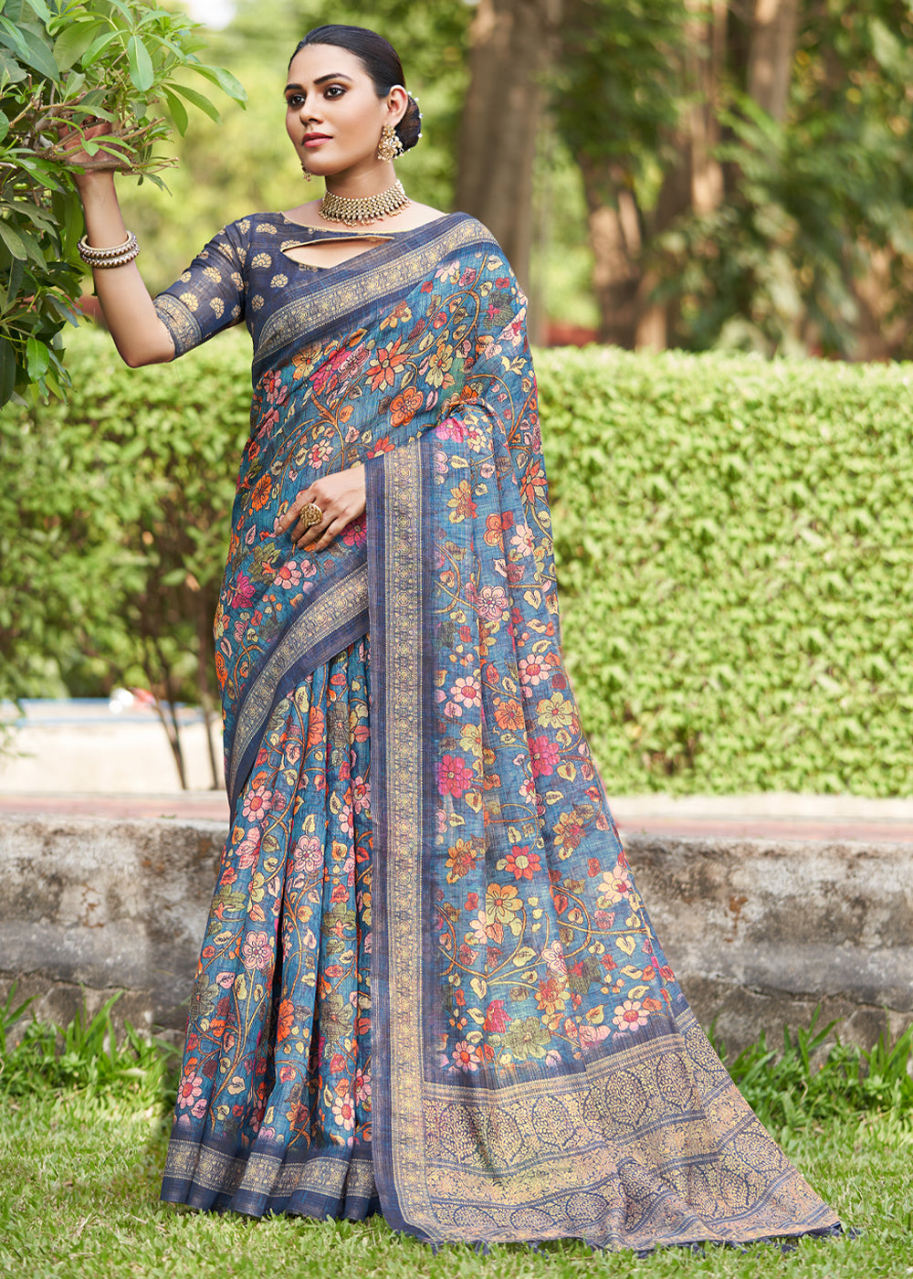 Buy MySilkLove Steel Teal Blue Linen Kalamkari Digital Print Saree Online