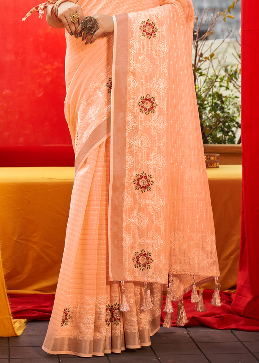 Buy MySilkLove Barley Peach Woven Linen Silk Saree Online
