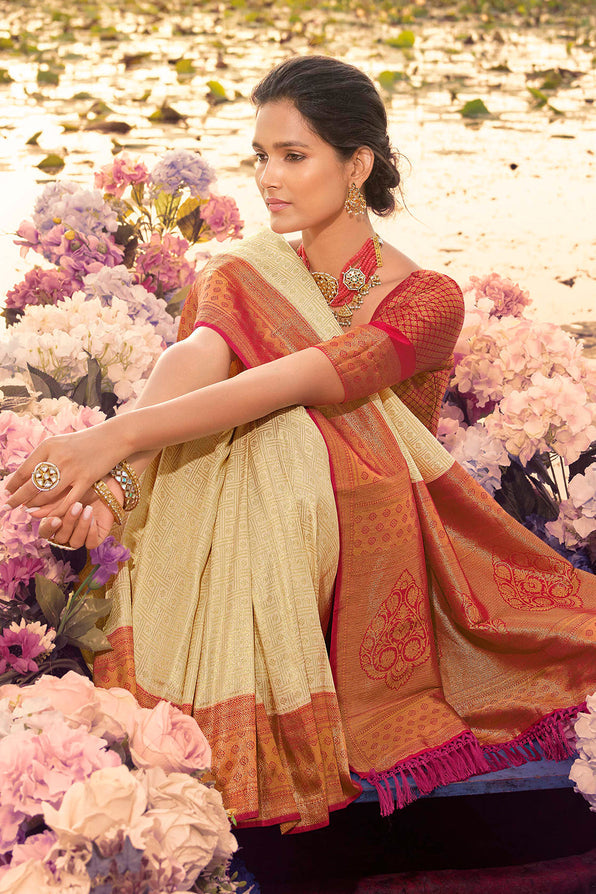 MySilkLove Scotch Mist Cream and Red Woven Kanjivaram Saree
