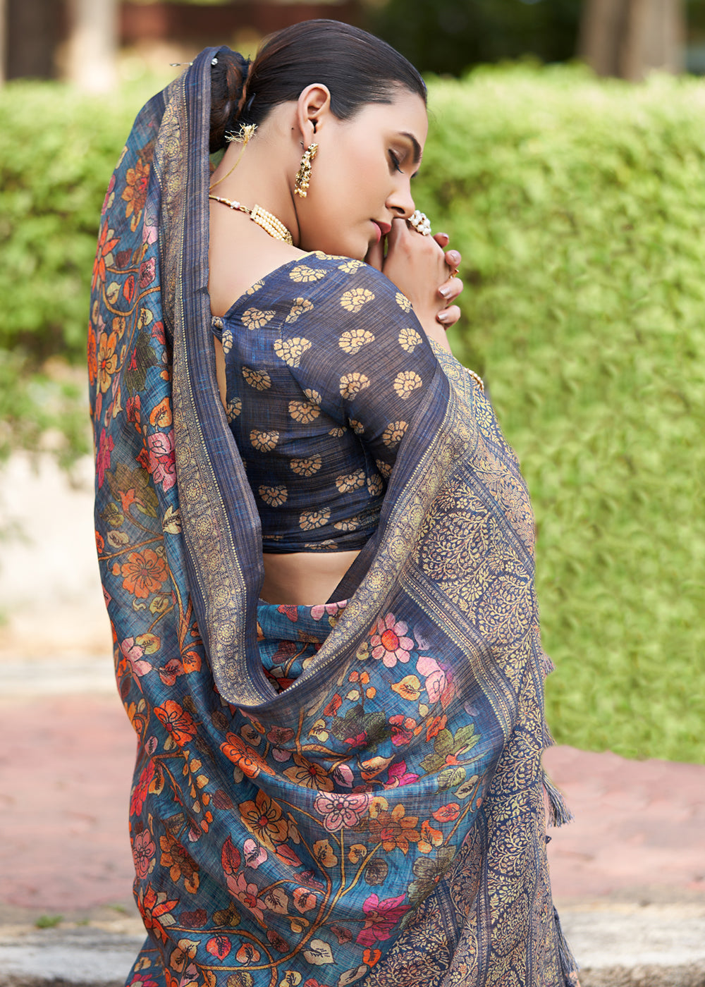 Buy MySilkLove Steel Teal Blue Linen Kalamkari Digital Print Saree Online