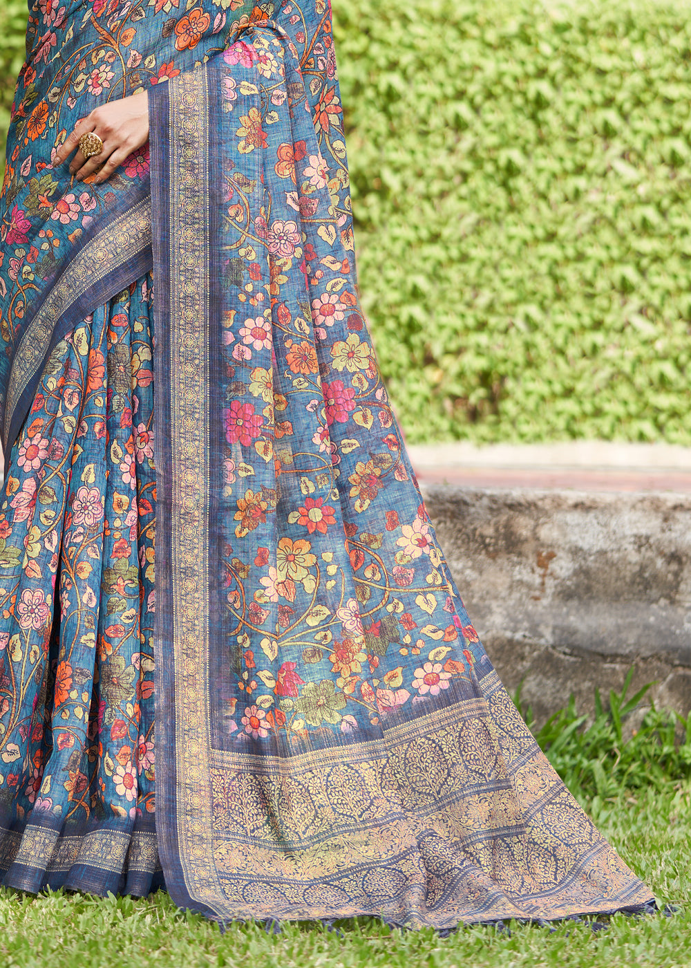 Buy MySilkLove Steel Teal Blue Linen Kalamkari Digital Print Saree Online