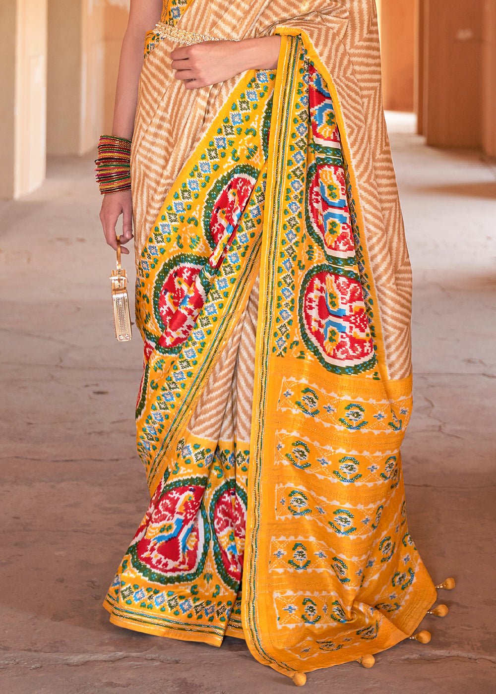 Buy MySilkLove Sea Buckthorn Yellow Printed Patola Silk Saree Online