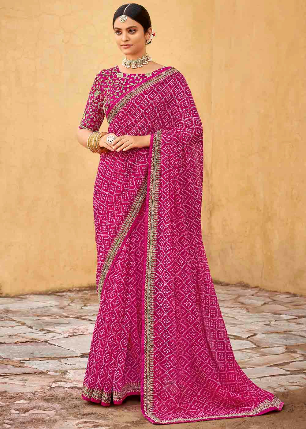 Buy MySilkLove Mystic Pink Georgette Leheriya Printed Saree with Embroidered Blouse Online