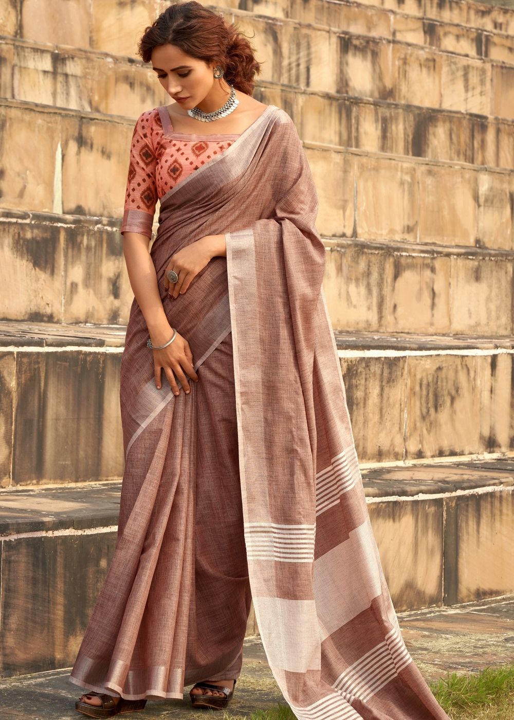 Buy MySilkLove Antique Brown Soft Linen Silk Saree Online