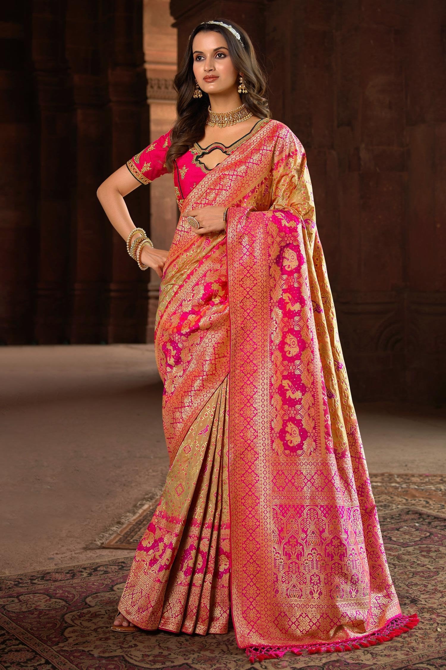 Buy MySilkLove Driftwood Brown and Pink Designer Banarasi Woven Silk Saree Online