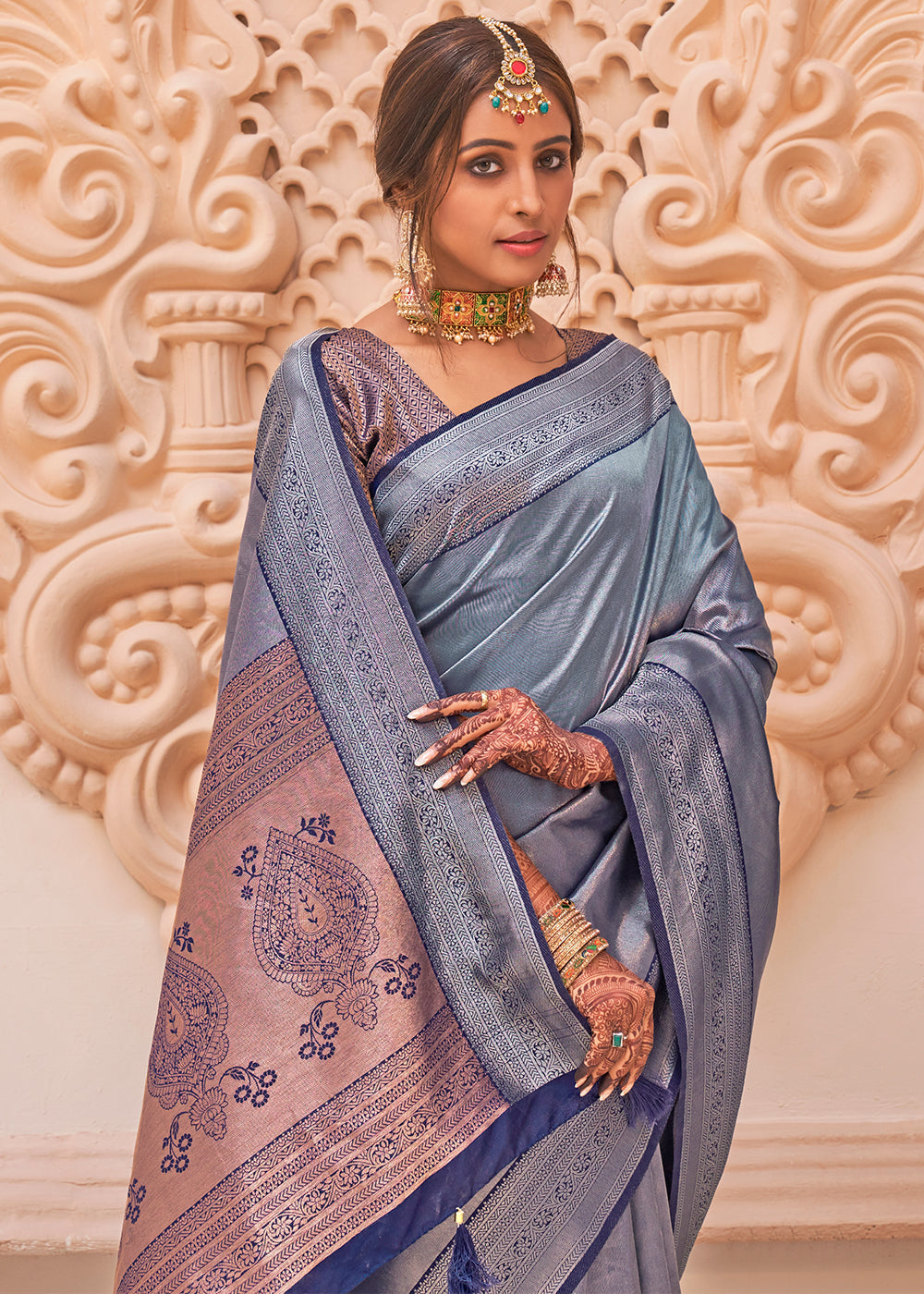 Buy MySilkLove Delta Grey Zari Woven Designer Saree Online