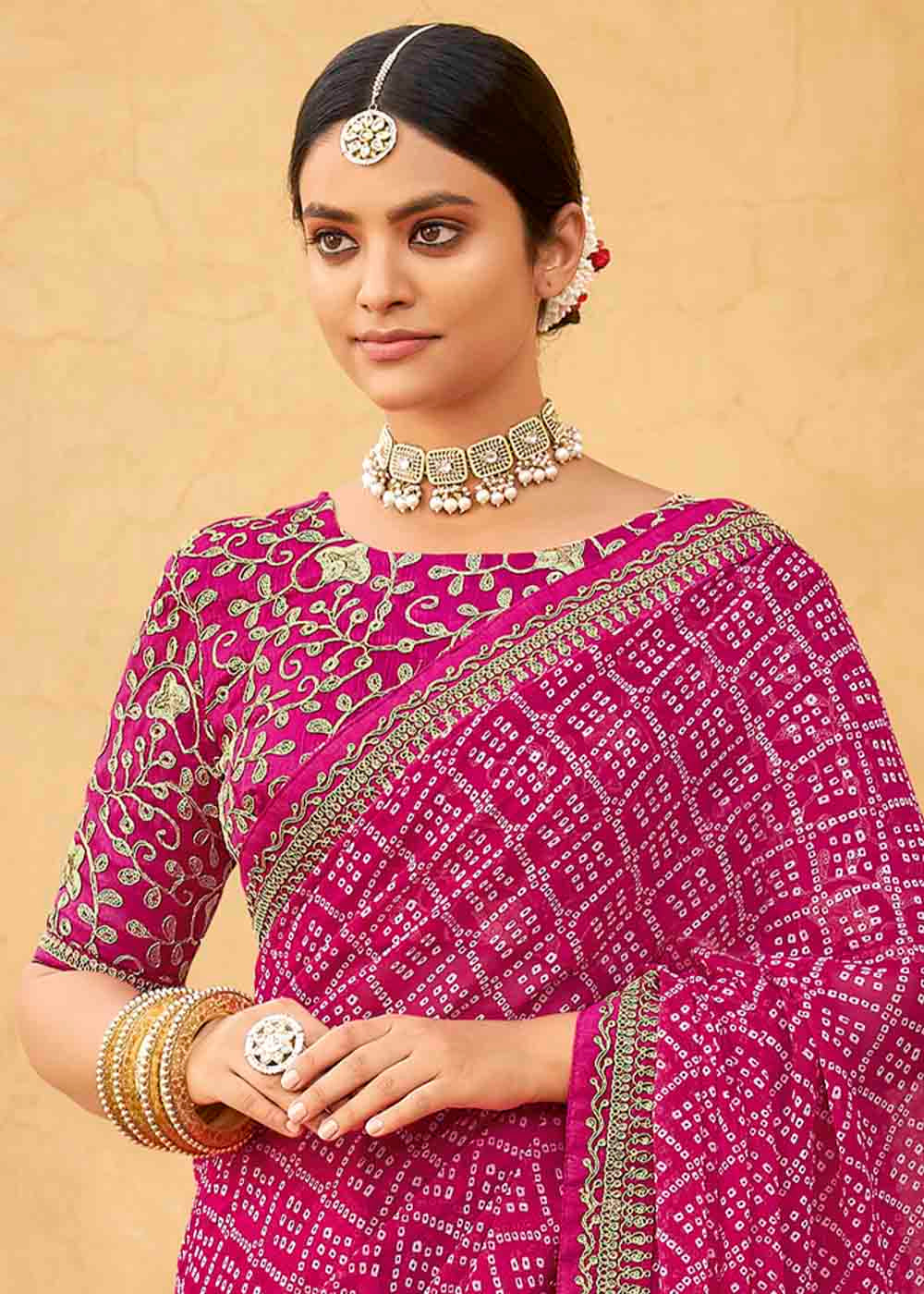 Buy MySilkLove Mystic Pink Georgette Leheriya Printed Saree with Embroidered Blouse Online