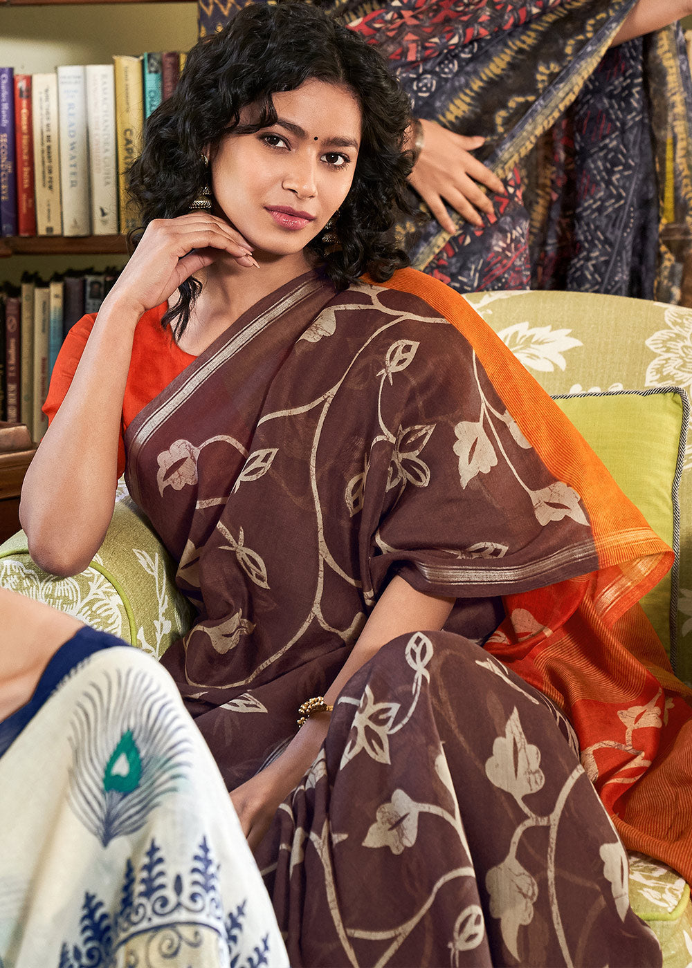 Buy MySilkLove Crater Brown and Orange Cotton Linen Batik Printed Saree Online