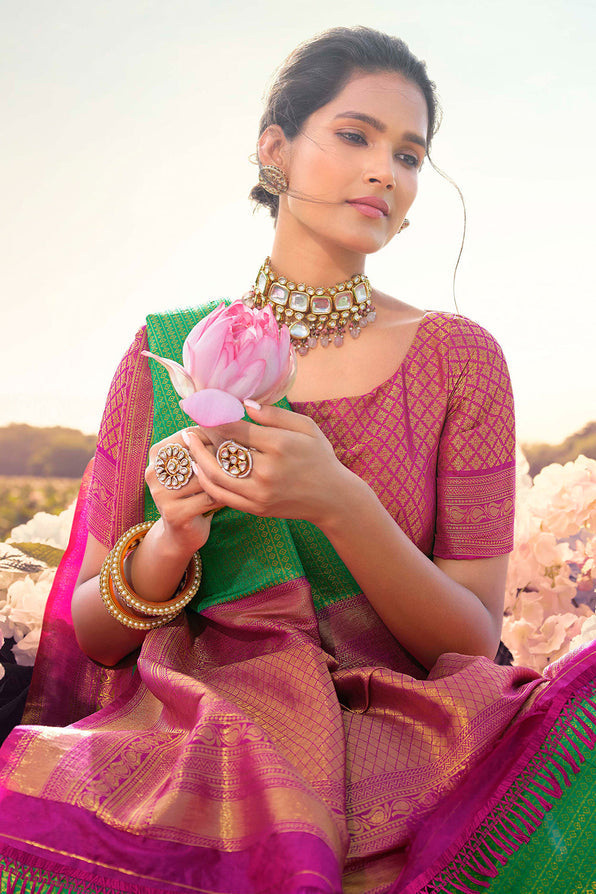 MySilkLove Goblin Green and Pink Woven Kanjivaram Saree