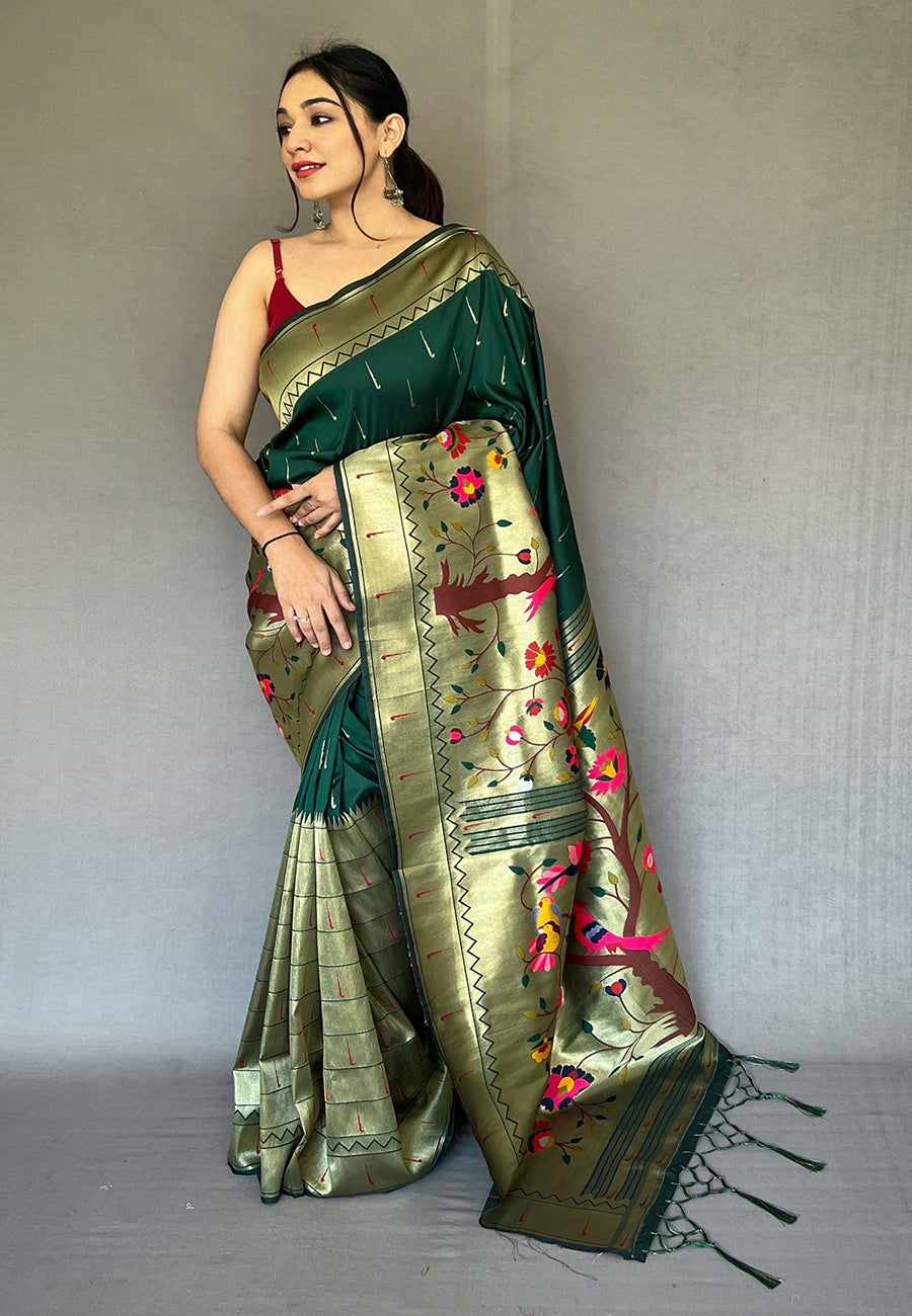 Buy MySilkLove Shiny Shamrock Green Woven Paithani Silk Saree Online