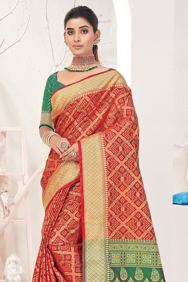 Buy MySilkLove Mahogany Red and Green Zari Woven Patola Saree Online