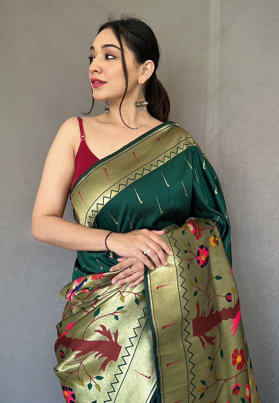 Buy MySilkLove Shiny Shamrock Green Woven Paithani Silk Saree Online