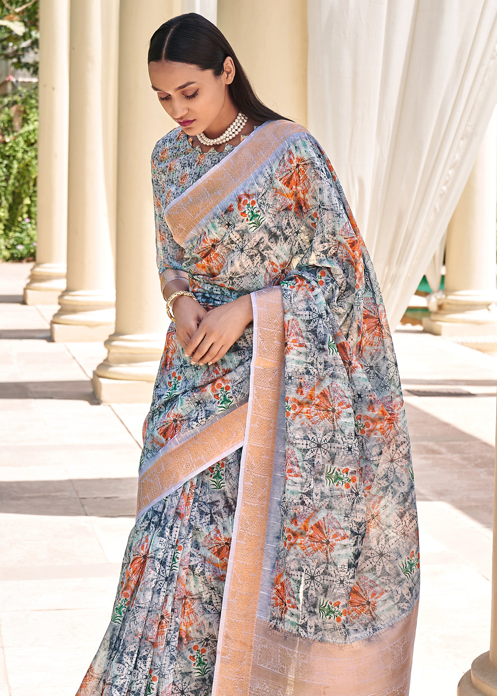 Buy MySilkLove Pale Slate Grey Digital Print Linen Saree Online