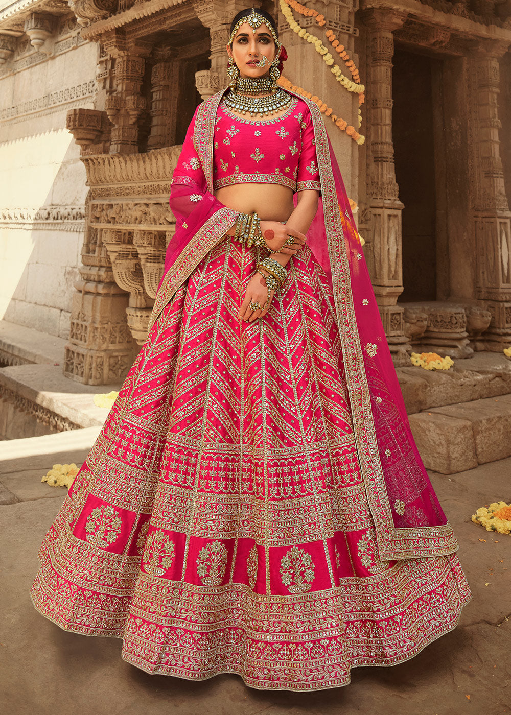Buy MySilkLove Scarlet Pink Silk Lehenga Choli With Heavy Zari Embroidery Online