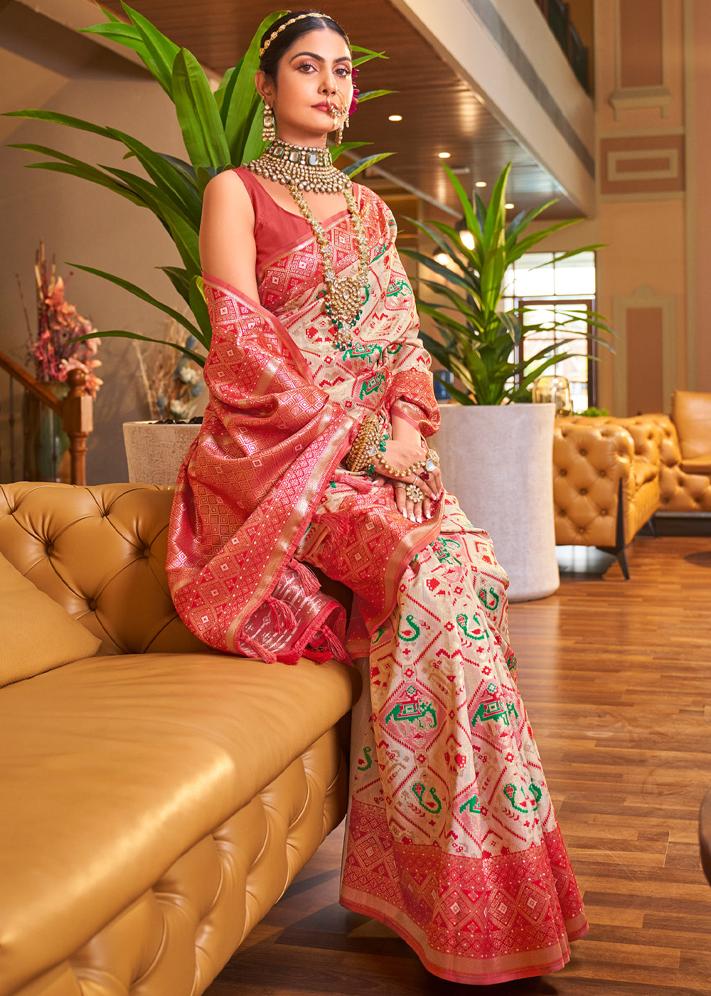 Buy MySilkLove Astra Cream Woven Banarasi Patola Silk Saree Online