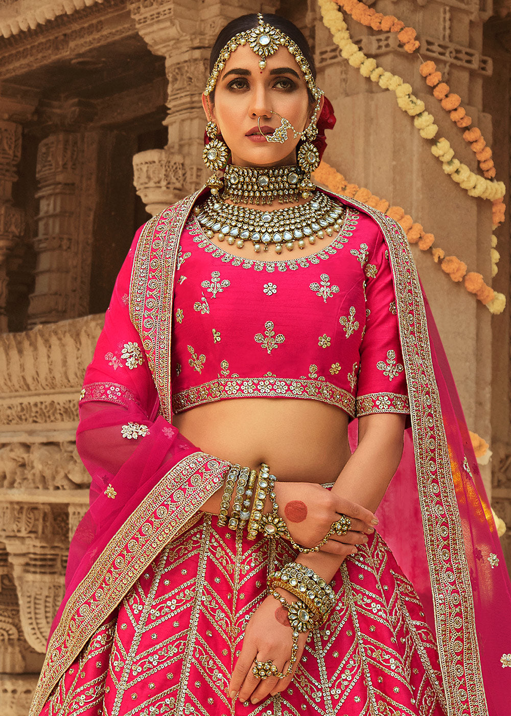 Buy MySilkLove Scarlet Pink Silk Lehenga Choli With Heavy Zari Embroidery Online