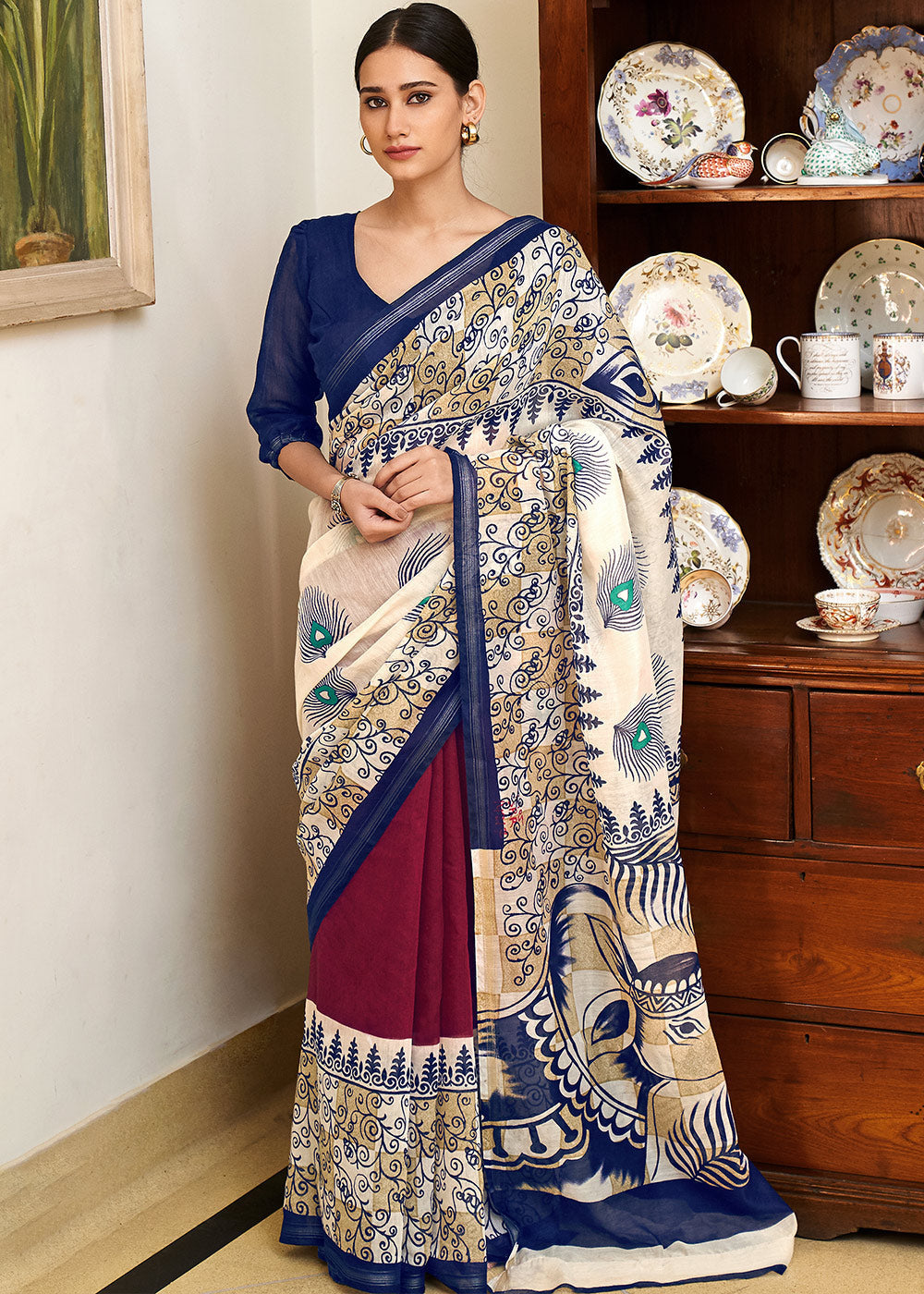 Buy MySilkLove Sisal White Blue and Mroon Cotton Linen Batik Printed Saree Online