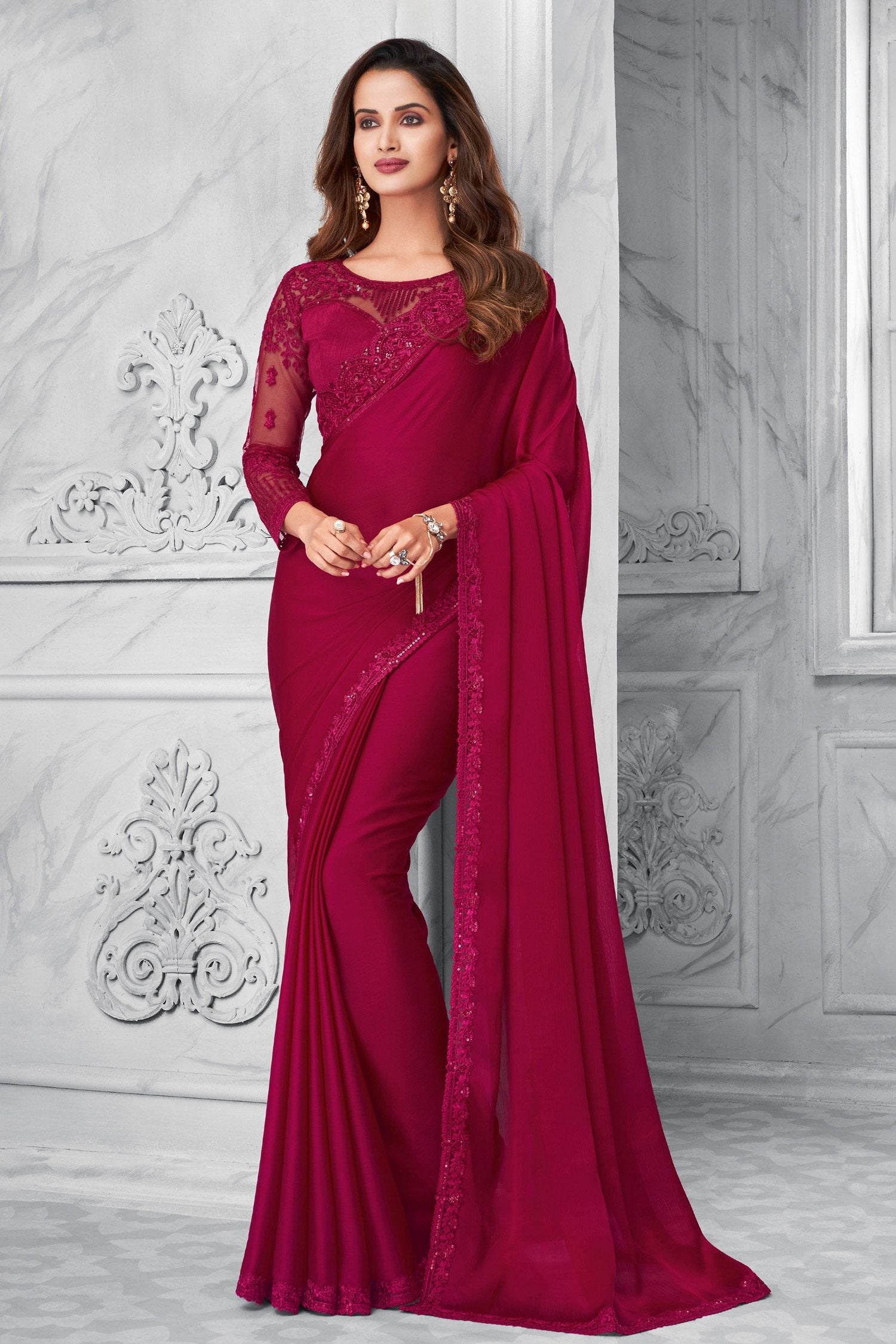 Buy MySilkLove Shiraz Maroon Satin Chiffon Designer Silk Saree Online
